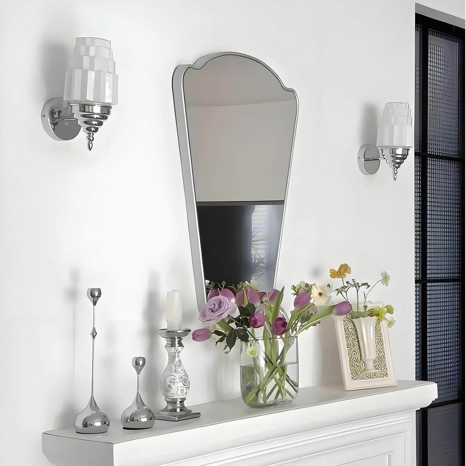 Art Deco Brushed Nickel Wall Sconce White Tiered Fluted Glass Shade 3-Color Adjustable Bulb Included Up and Down Mountable Vanity Light Fixture for Bathroom Bedroom Living Room Hallway Decor(Chrome)