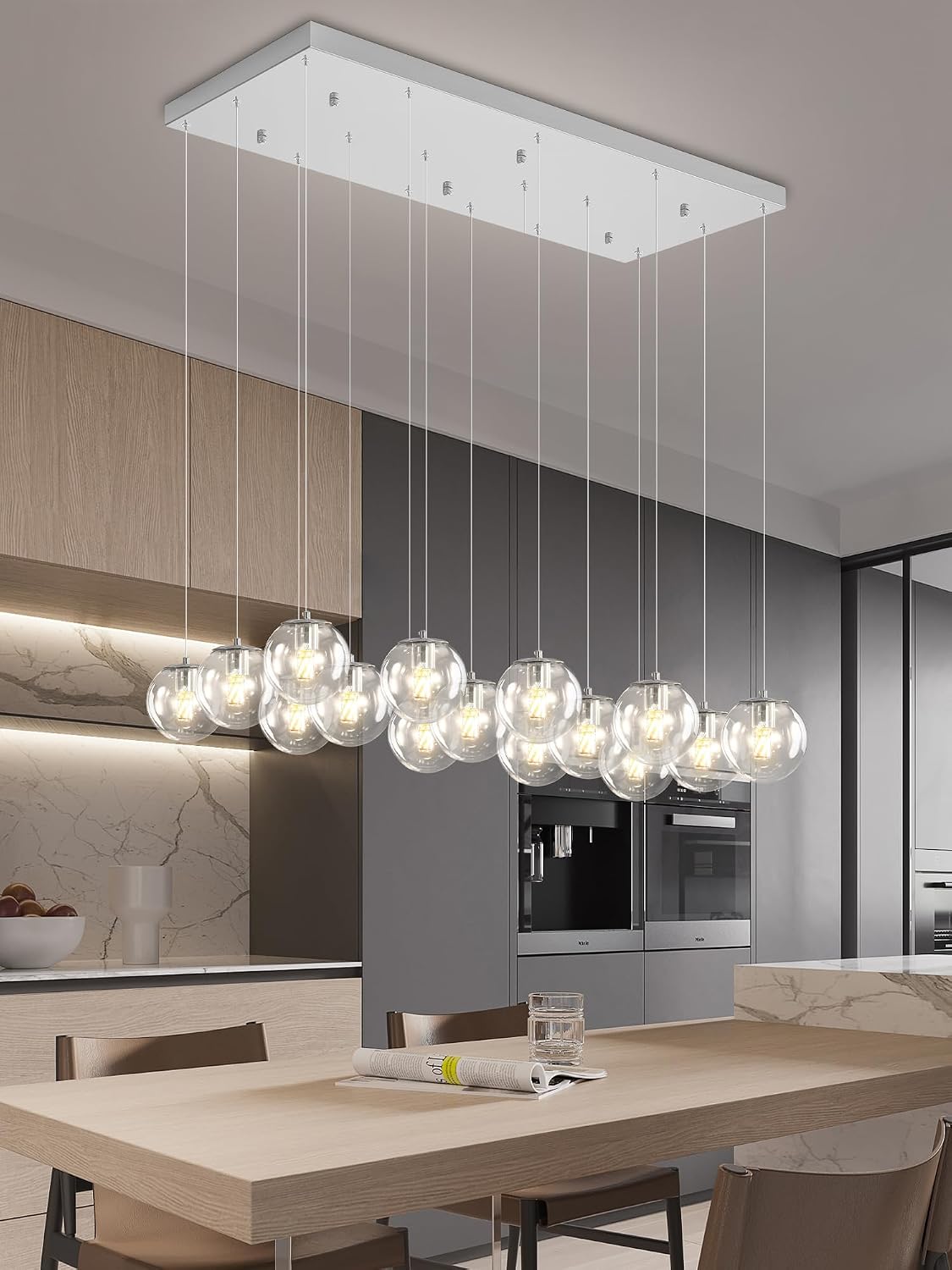 ykolupty Glass Chandelier LED Modern Silver Pendant Light Globe Ceiling Light H157 Glass Ball Chandeliers for Staircase Living Room Hotel Hallway Foyer Entryway (16 Lights-Rectangle Chandeliers)