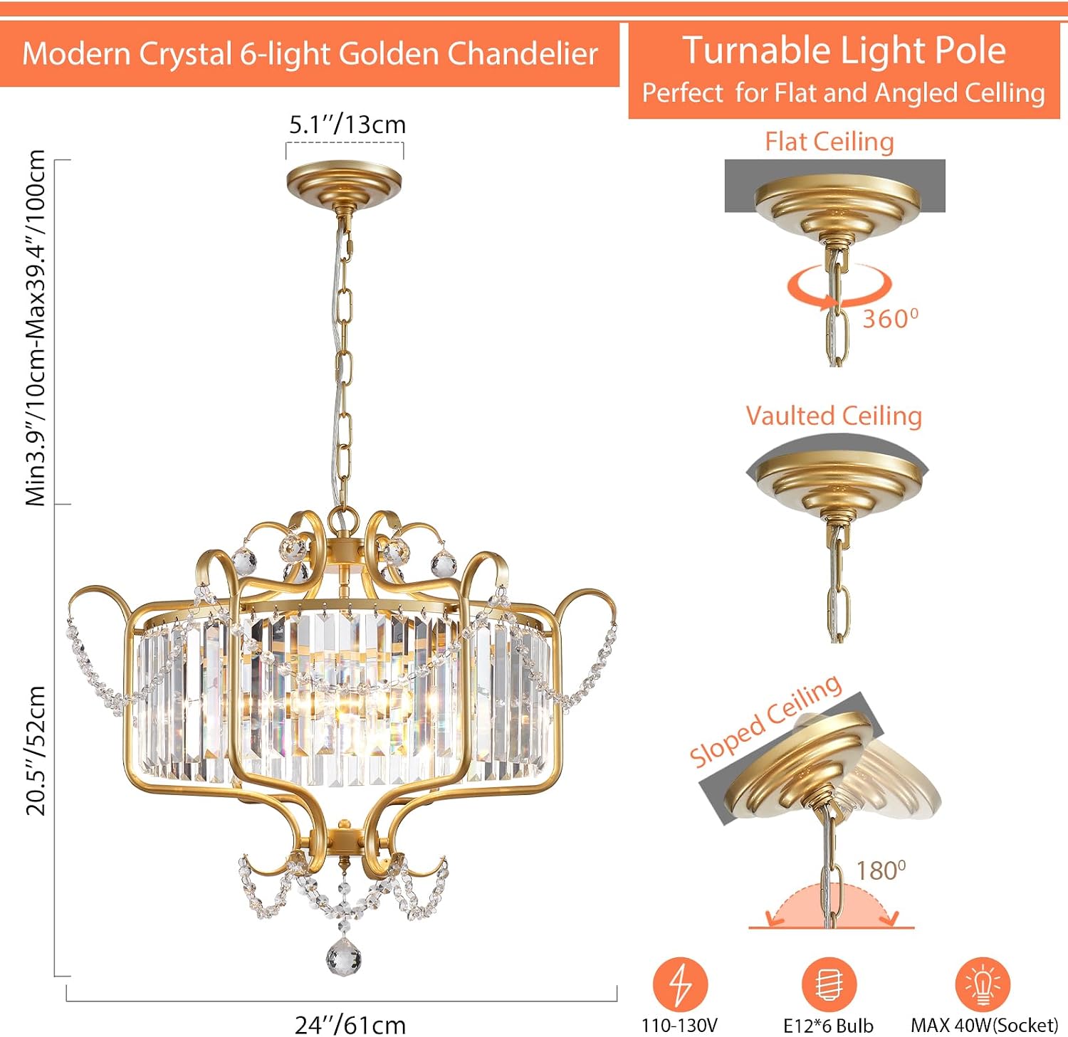 Modern Crystal Chandelier for Dining Room 24' Large Gold 6-Light Farmhouse Pendant Lighting Fixtures for Living Room Kitchen Island Hallway Bedroom Foyer