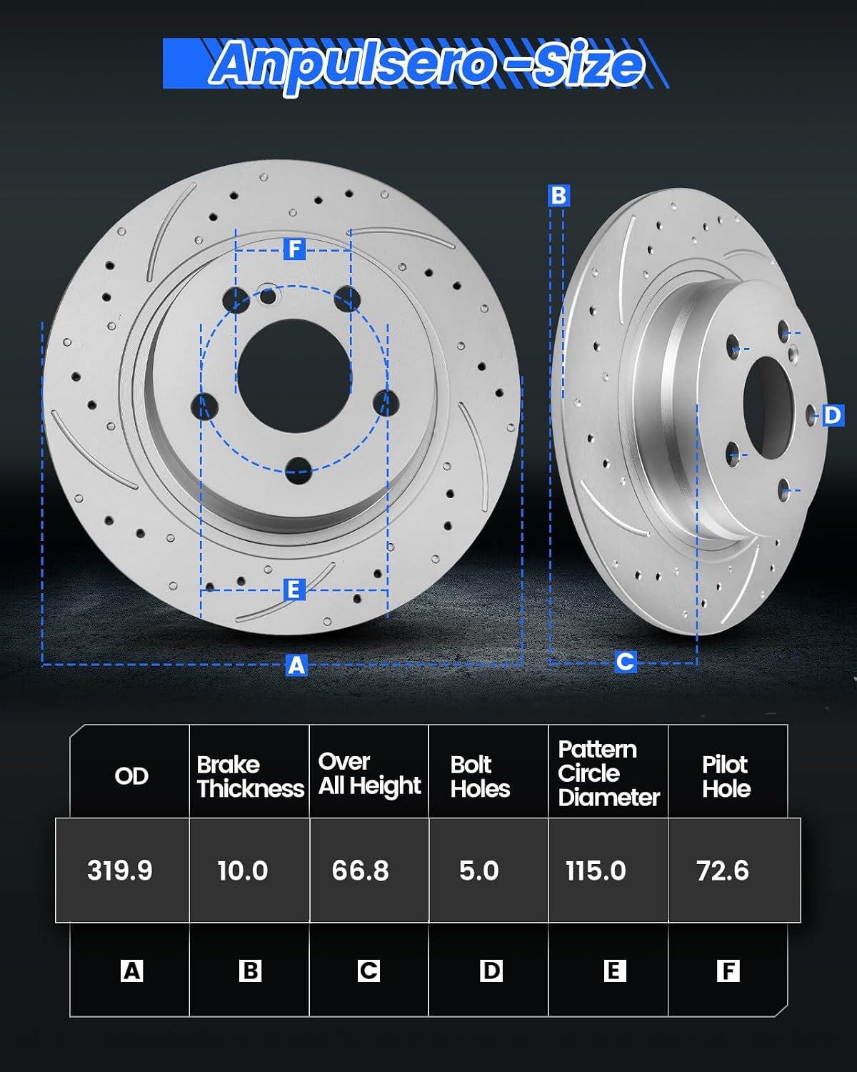 Anpulsero Rear Brake Pads And Rotors Kit Compatible with 2006-2020 Dodge Charger, 09-18 Challenger, Automotive Replacement Brake Kits Geomet 53021 D1057-7964 Drilled And Slotted Rotors 320mm(12.6in)