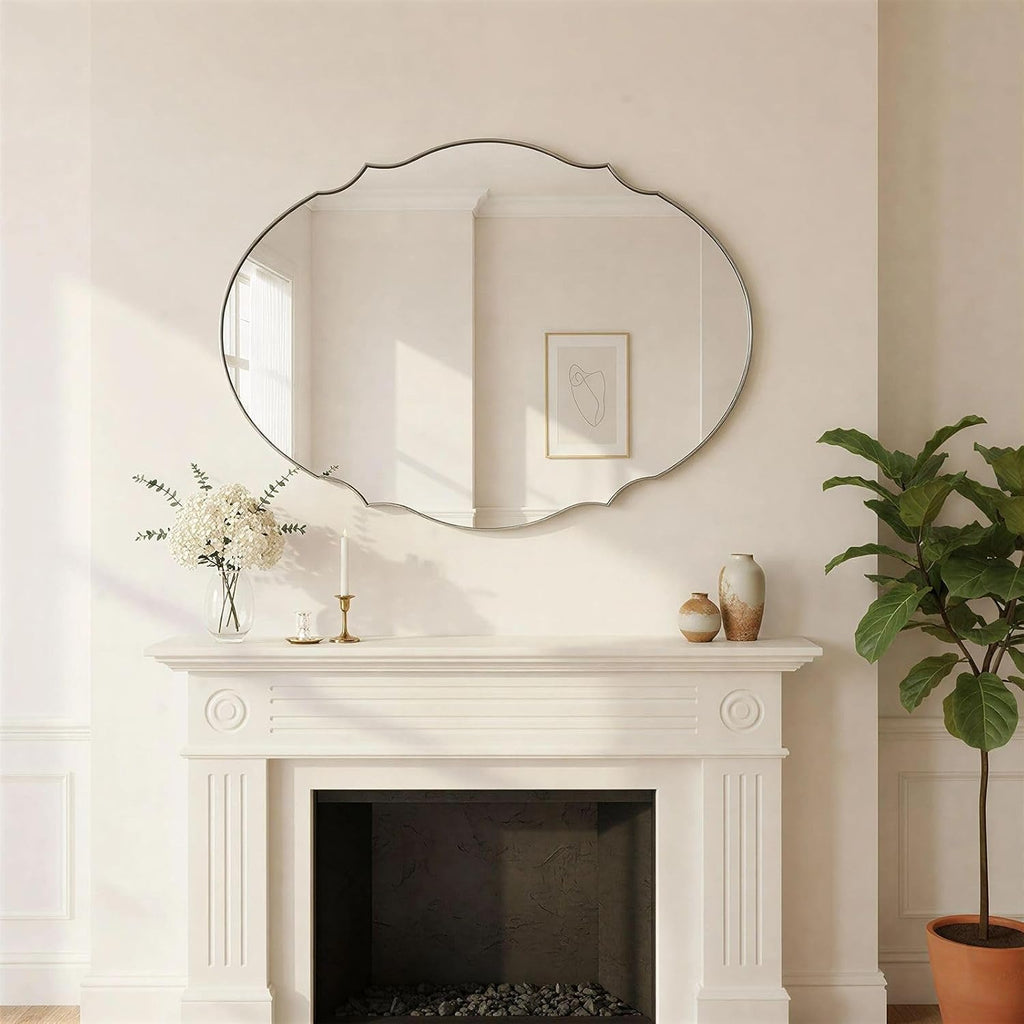 ANDY STAR Brushed Nickel Scalloped Oval Mirror 22x30, Silver Bathroom Mirror, Stainless Steel Oval Wall Mirror, Vintage Vanity Mirror for Double Sink, Powder Room, Entryway, Rust-Resistant