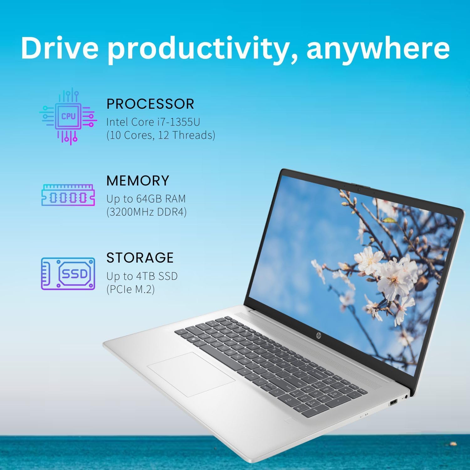 HP 17.3' i7 Business Portable Laptop, HD+ Touchscreen, Intel Core i7-1355U, 64GB RAM, 2TB SSD, Backlit KB, Fingerprint Reader, HDMI, Wi-Fi 6, W11P, Silver, with ADATA 512GB External SSD Bundle