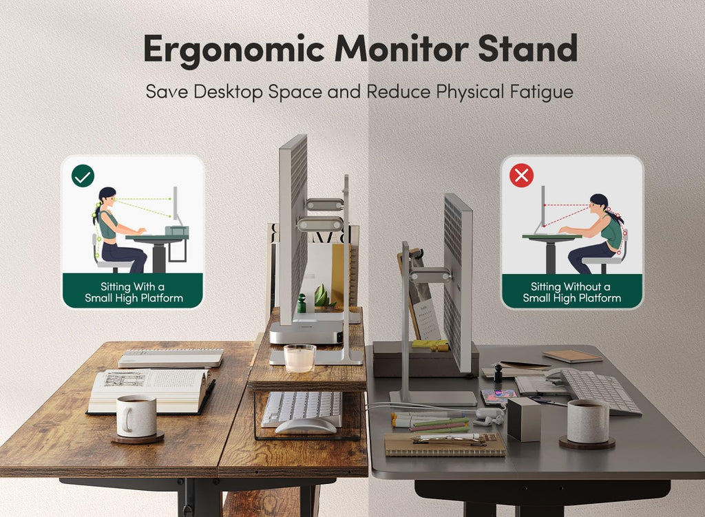 FEZIBO 55' Electric Standing Desk with Shelves, 55x24 Inches Sit Stand Rising Computer Desk with Monitor Shelf, Home Office Desks with Hook, Adjustable Height Stand Up Workstation Table, Rustic Brown