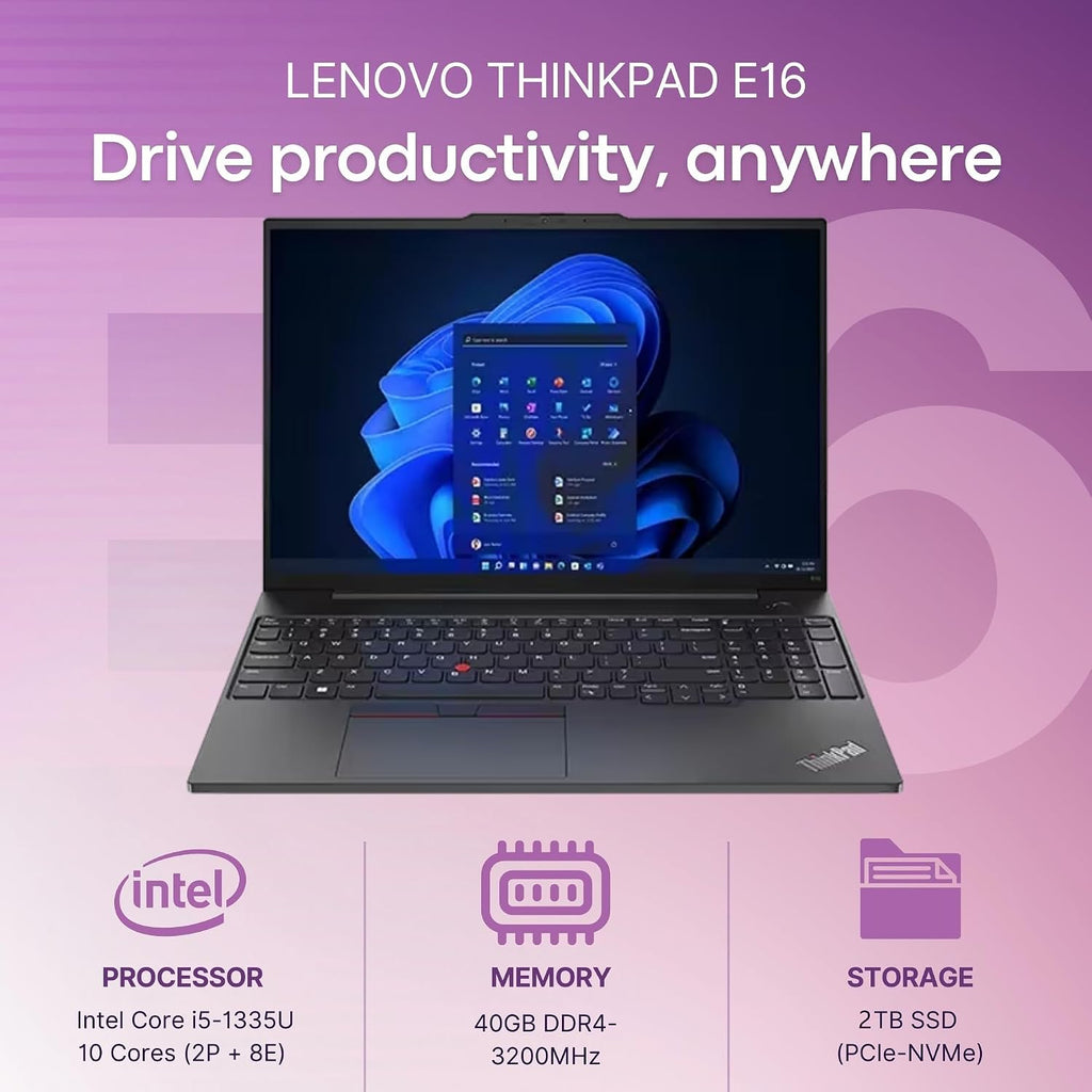 Lenovo ThinkPad E16 Gen 1 Business Laptop Computer, 40GB RAM, 2TB PCIe SSD, 13th Gen Intel 10-Core i5-1335U (Beat i7-1255U), 16' FHD+, WiFi 6, Thunderbolt 4, Windows 11 Pro, Vent-Hear