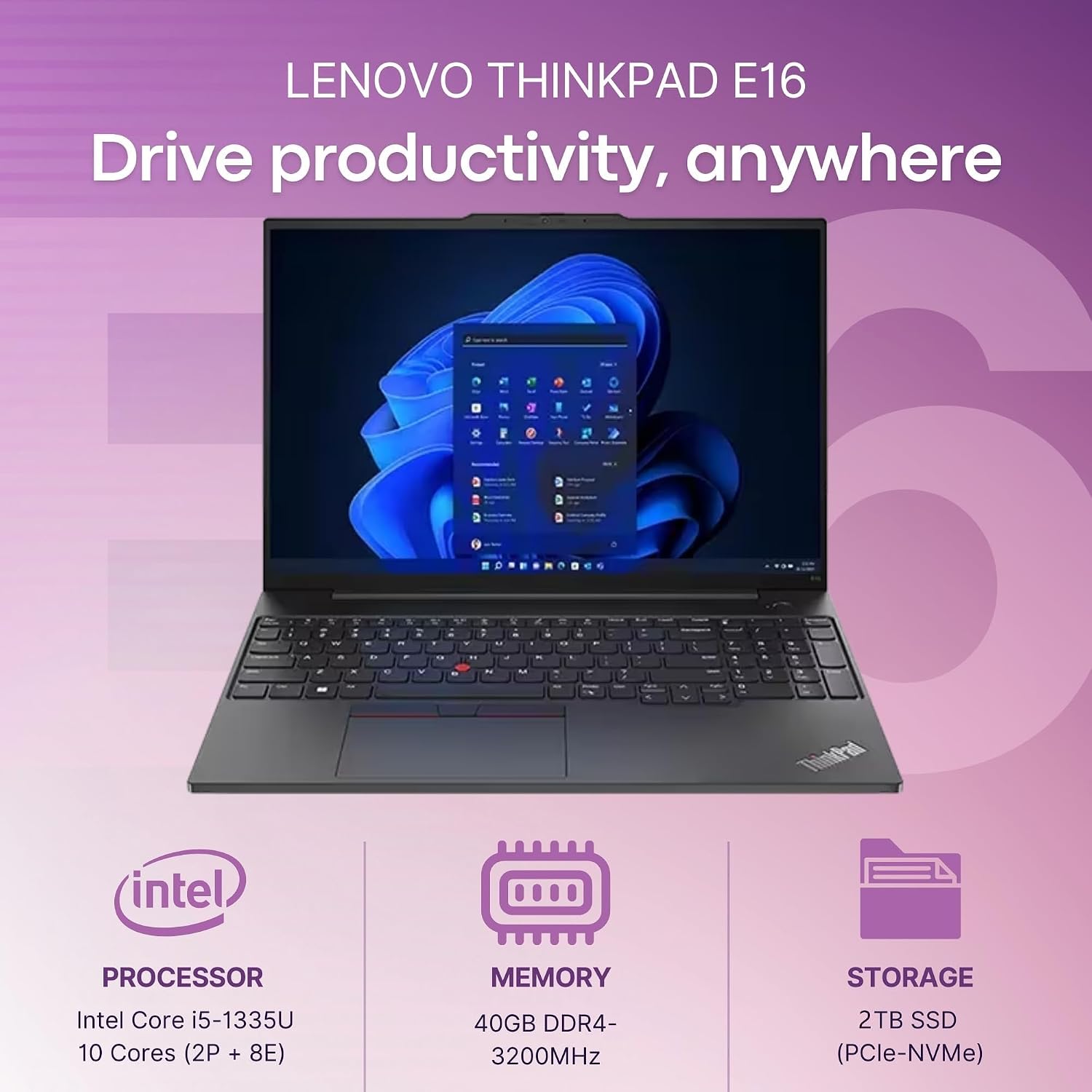 Lenovo ThinkPad E16 Gen 1 Business Laptop Computer, 40GB RAM, 2TB PCIe SSD, 13th Gen Intel 10-Core i5-1335U (Beat i7-1255U), 16' FHD+, WiFi 6, Thunderbolt 4, Windows 11 Pro, Vent-Hear