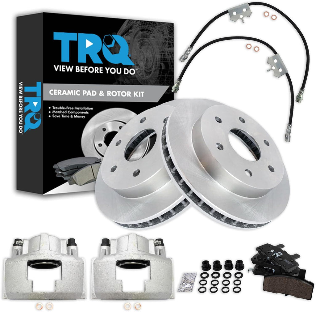 TRQ Front Brake Pad and Rotor Set Ceramic Rotors Calipers Hoses Compatible with 1997-1998 Chevrolet K2500 1997 GMC K2500
