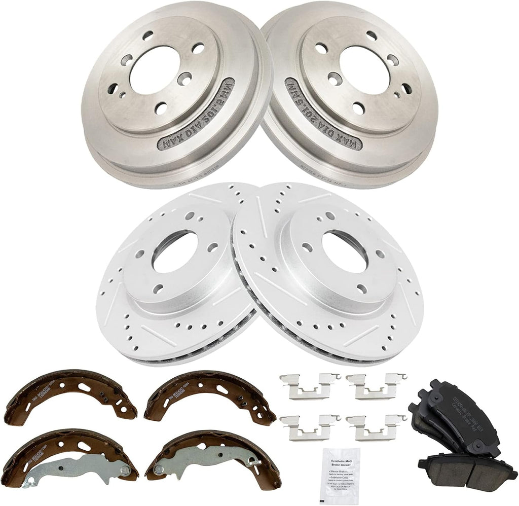 TRQ Performance Front Rear Brake Pad Rotor Shoe Drum Kit Ceramic Slotted Drilled G-Coated 10.16 in for 2011-2016 Ford Fiesta