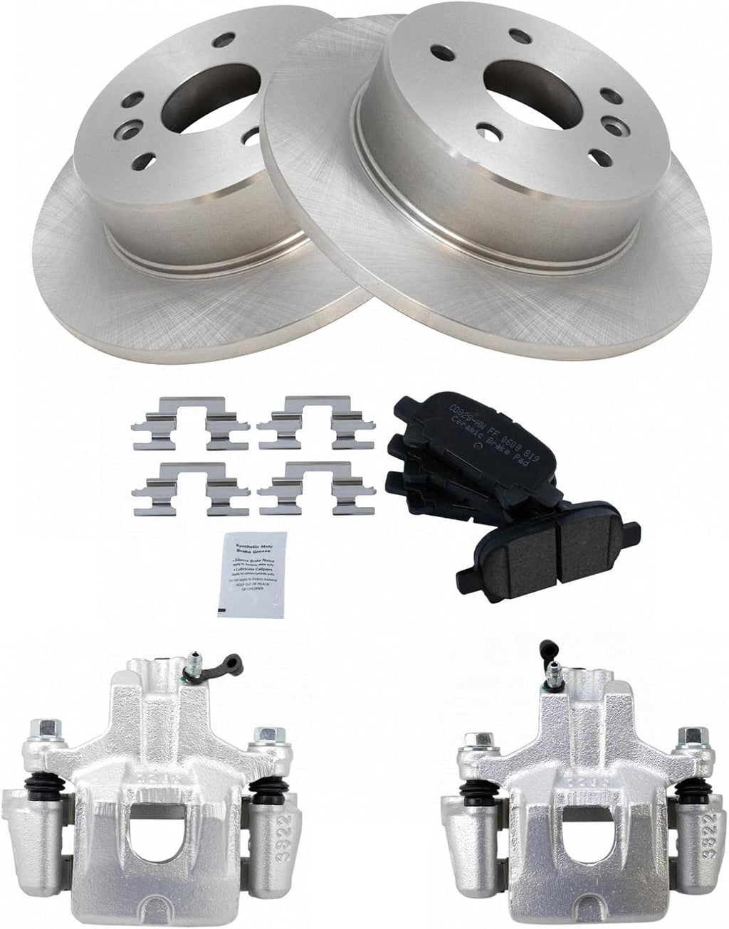 TRQ Rear Brake Pad and Rotor Set Ceramic Solid Rotors Calipers Compatible with 2000-2004 Toyota Avalon