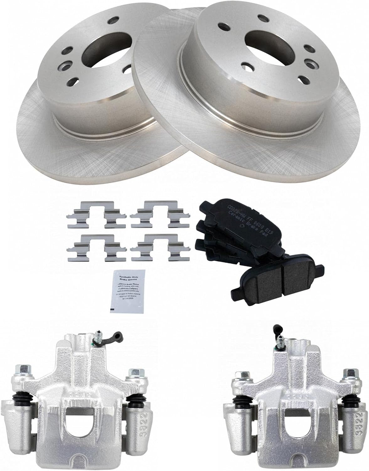 TRQ Rear Brake Pad and Rotor Set Ceramic Solid Rotors Calipers Compatible with 2000-2004 Toyota Avalon