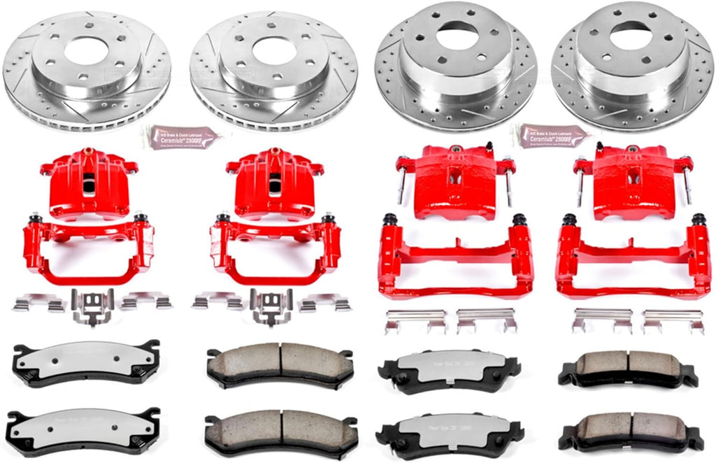 PowerStop Front and Rear Brake & Caliper Kit for Chevrolet Astro 2003-05 |Avalanche 1500 2002 - Drilled & Slotted Disc Rotors + Z36 Brake Pads + Red-Powder Coated Calipers, KC2010A-36