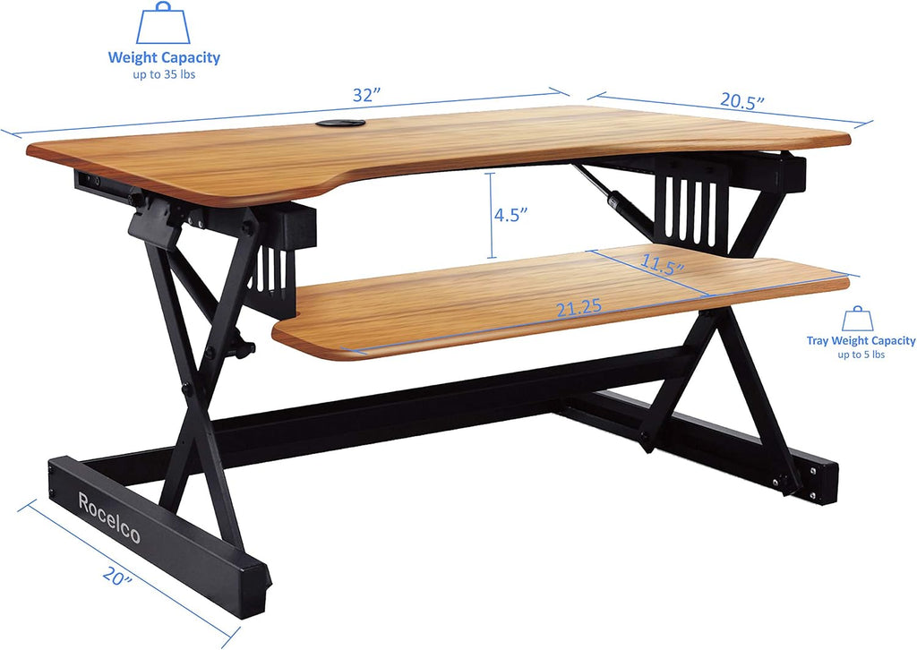 Rocelco 32' Height Adjustable Standing Desk Converter - Sit Stand Computer Workstation Riser - Dual Monitor Retractable Keyboard Tray Gas Spring Assist - Teak Wood Grain (R EADRT)