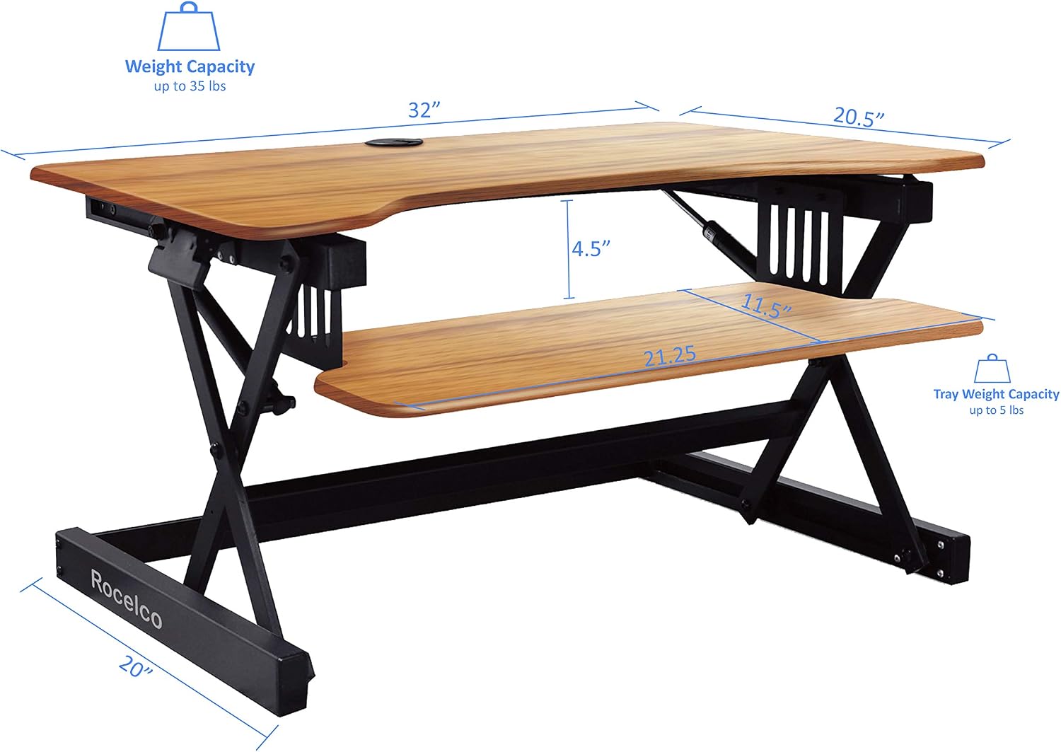 Rocelco 32' Height Adjustable Standing Desk Converter - Sit Stand Computer Workstation Riser - Dual Monitor Retractable Keyboard Tray Gas Spring Assist - Teak Wood Grain (R EADRT)