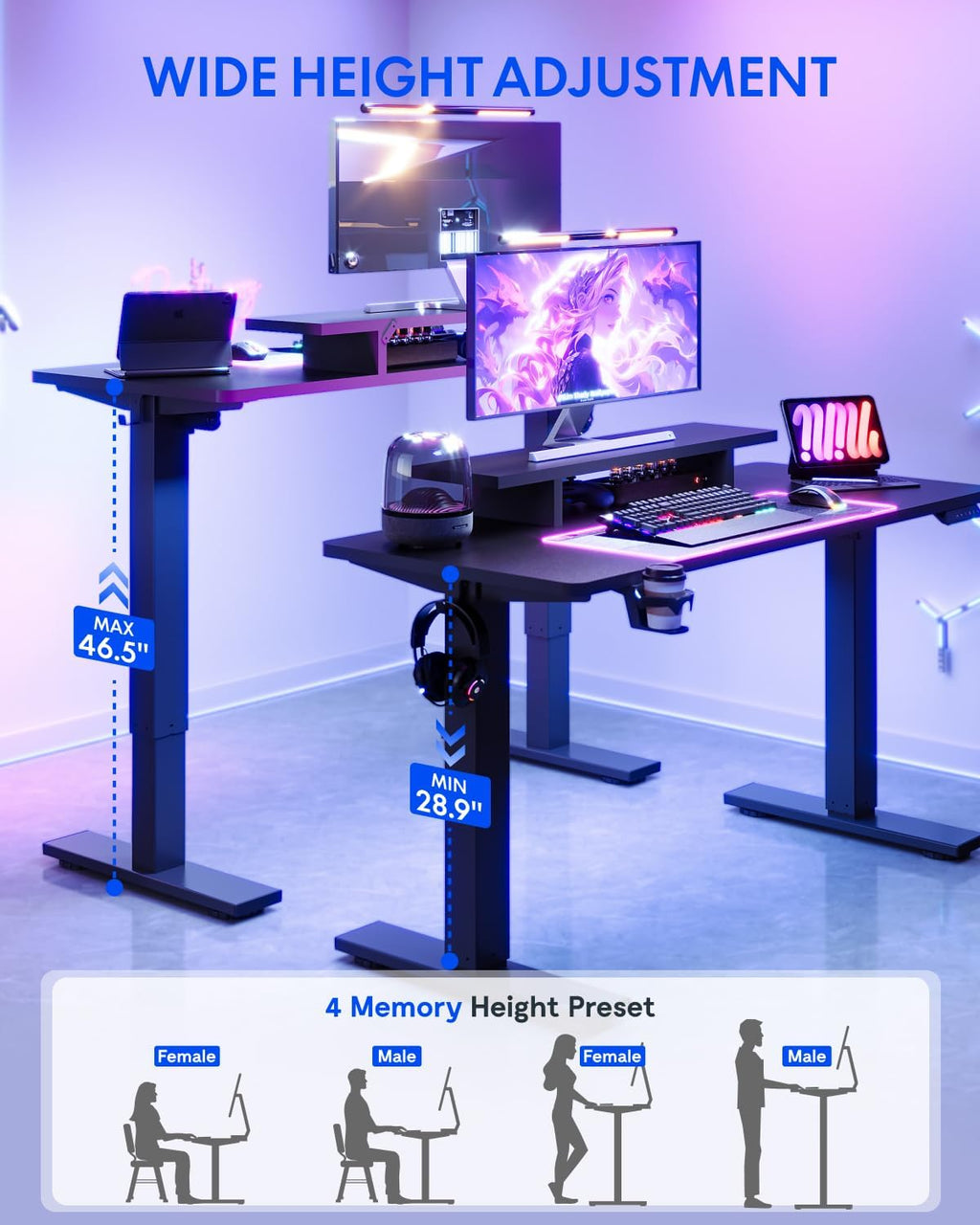 FLEXISPOT Standing Desk with Monitor Stand, 48 x 24 Inches One-Piece Electric Height Adjustable Computer Desk with Cup Holder for Home Office, Black