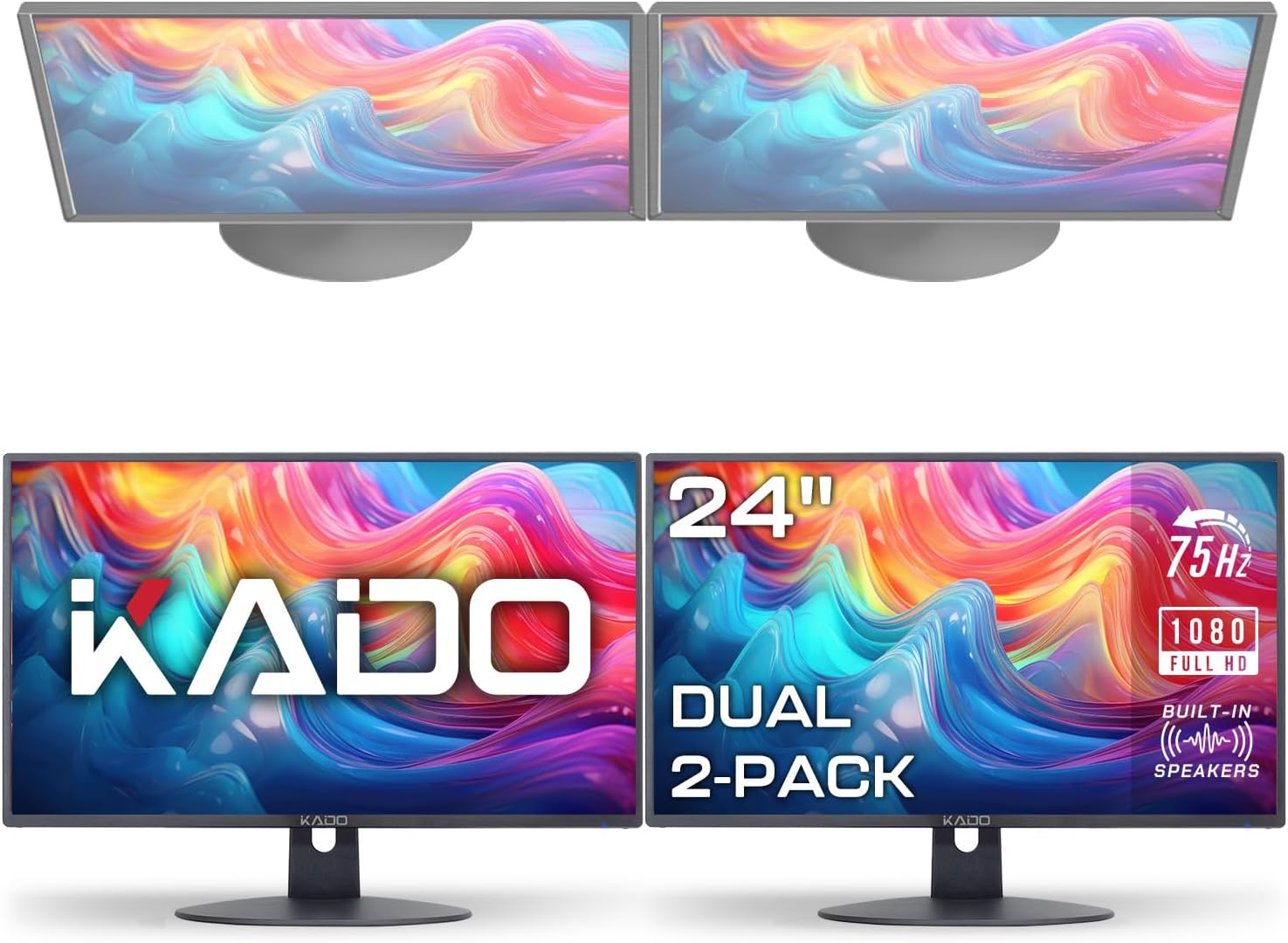 Kado Dual Monitor Setup - 2-Pack 24' 1920x1080 Computer Monitor 75Hz VESA Mount HDMI Office Gaming Hybrid Multitasking Daytrading Built-in Speakers