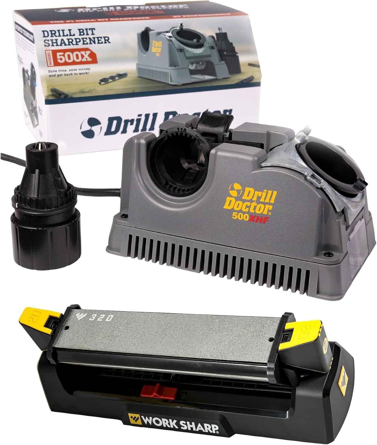 Drill Doctor Drill Bit Sharpener plus Work Sharp Benchstone Knife Sharpener, 3 sided manual knife sharpener