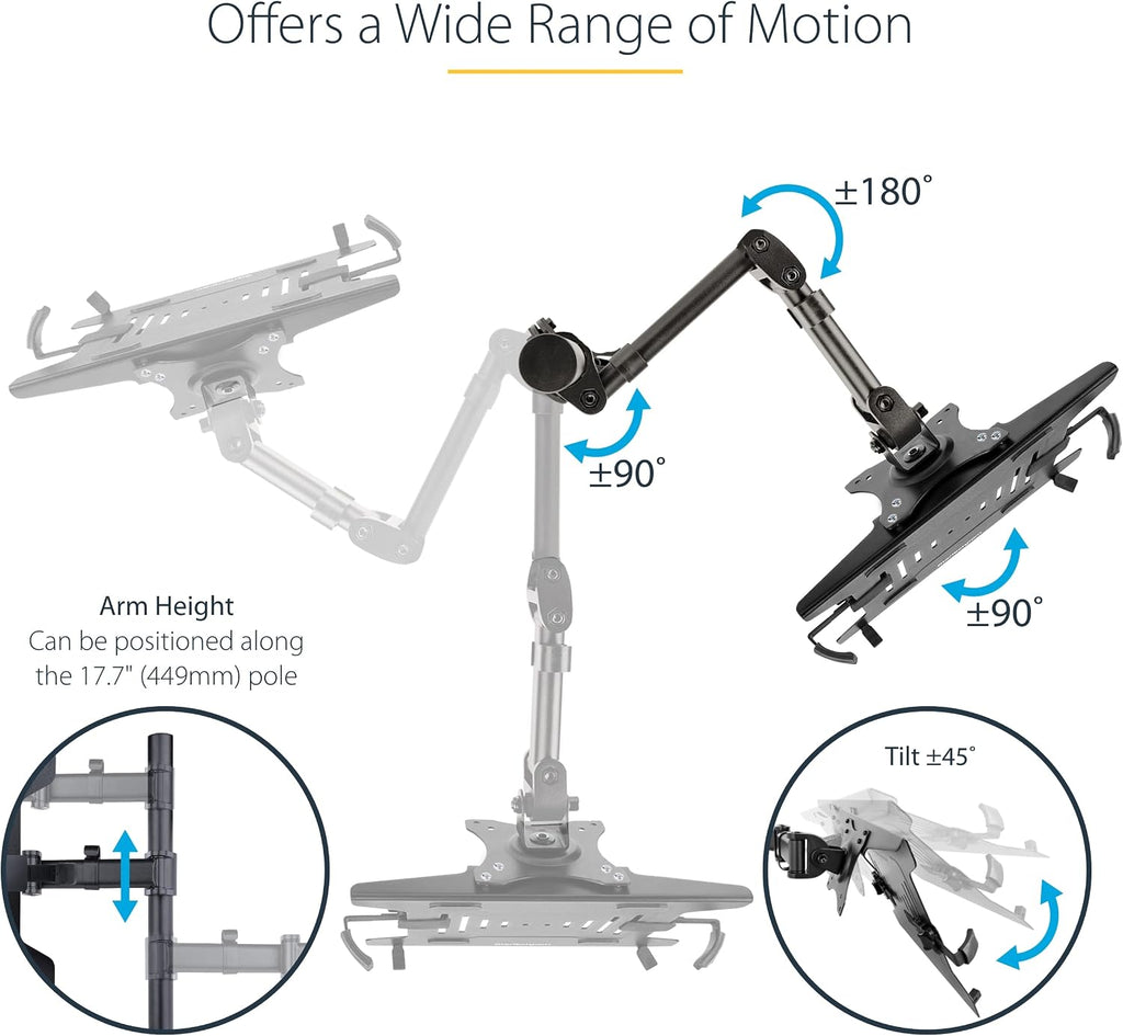 StarTech.com Laptop Desk Mount, VESA Monitor Mount for Displays up to 34' 17.6lb/8kg or Laptops up to 9.9lb (4.5kg), Articulating Arm Tray with Clamp or Grommet Base