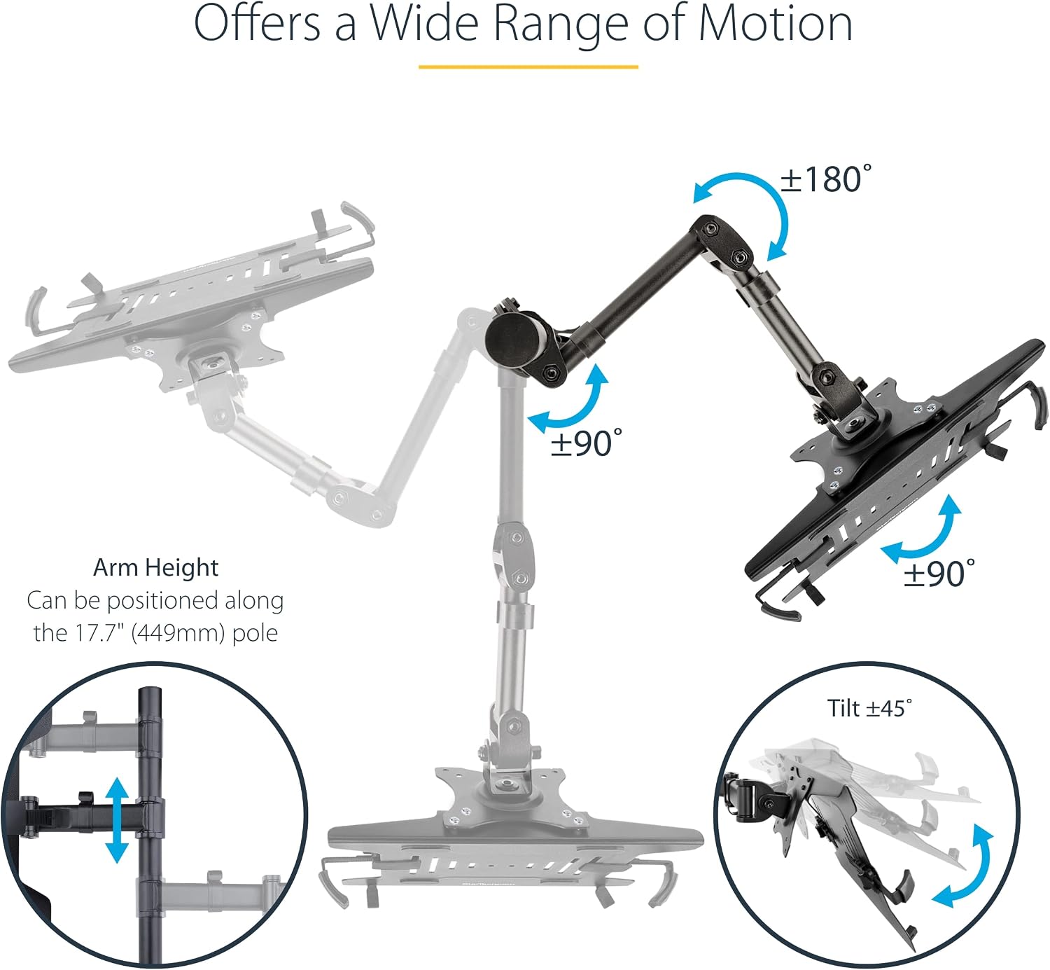 StarTech.com Laptop Desk Mount, VESA Monitor Mount for Displays up to 34' 17.6lb/8kg or Laptops up to 9.9lb (4.5kg), Articulating Arm Tray with Clamp or Grommet Base