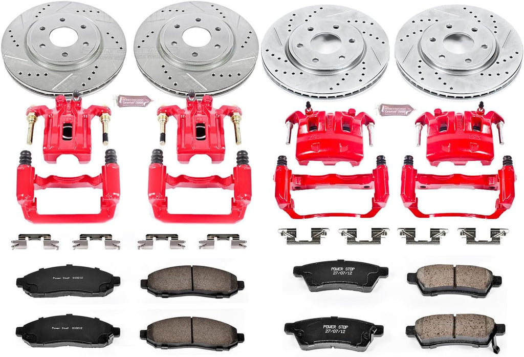 PowerStop Front Brake & Caliper Kit for Toyota Tacoma 2005-15 - Carbon-Fiber Ceramic Brake Pads + Drilled & Slotted Rotors + Red Powder Coated Calipers, KC5431