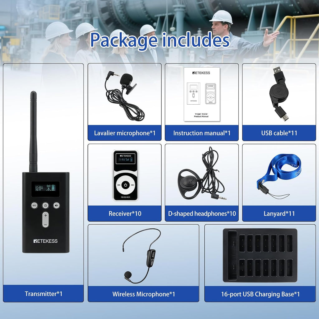 Retekess T130P Tour Guide System,Upgraded Noise Reduction,Wireless Tour Guide Headsets,Long Standby 36h Translation Device for Church,Factory (1 Transmitter 10 Receivers)
