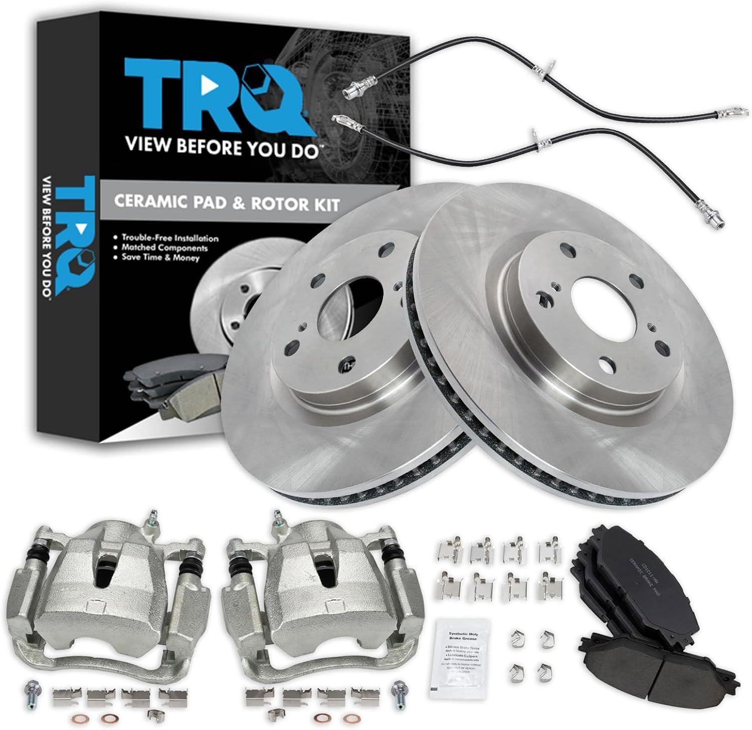 TRQ Front Brake Pad and Rotor Set Ceramic Rotors Calipers Hoses Compatible with 2009-2010 Pontiac Vibe 2009-2013 Toyota Matrix
