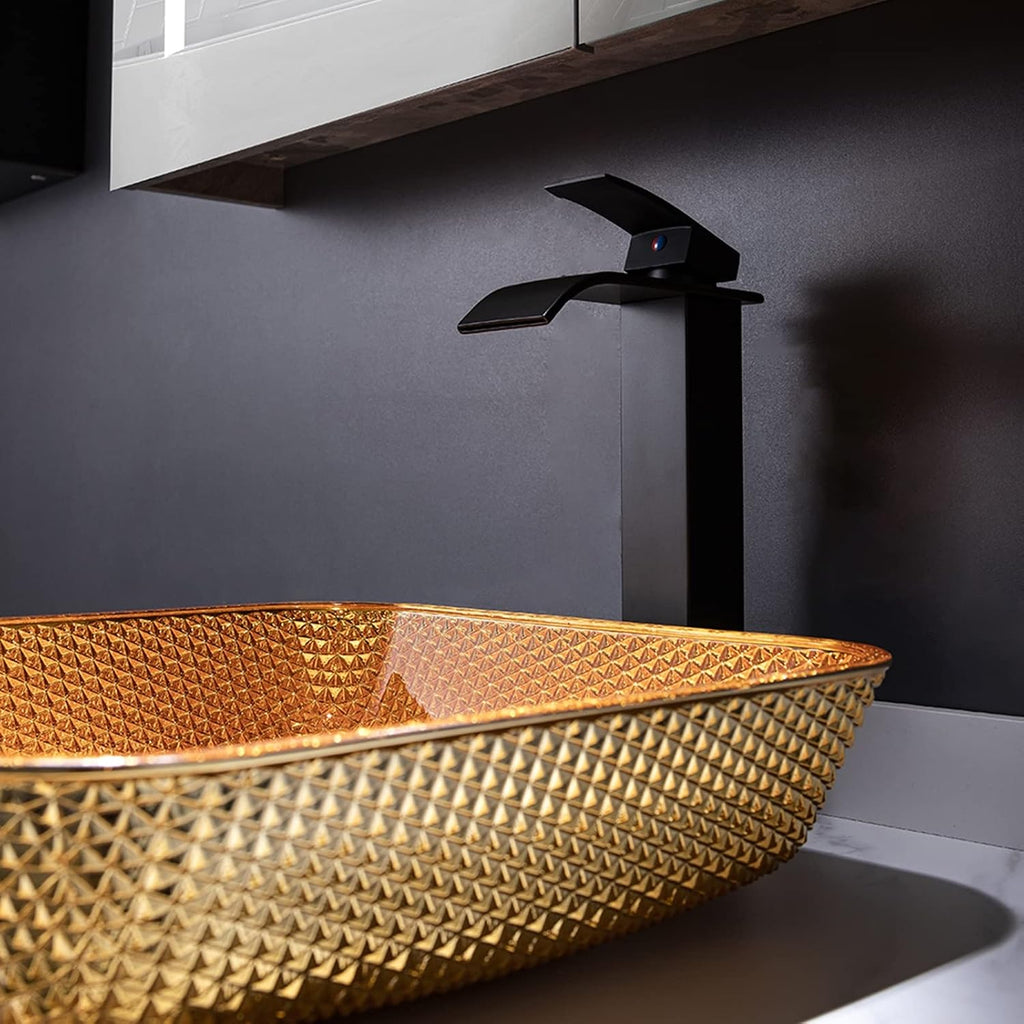 Bathroom Vessel Sink Crystal Glass Vessel Bowl Sink Square Vessel Sink Art Basin Counter Top Installation Bathroom Vanity Sinks with Brass Pop Up Drain-Gold (Gold)
