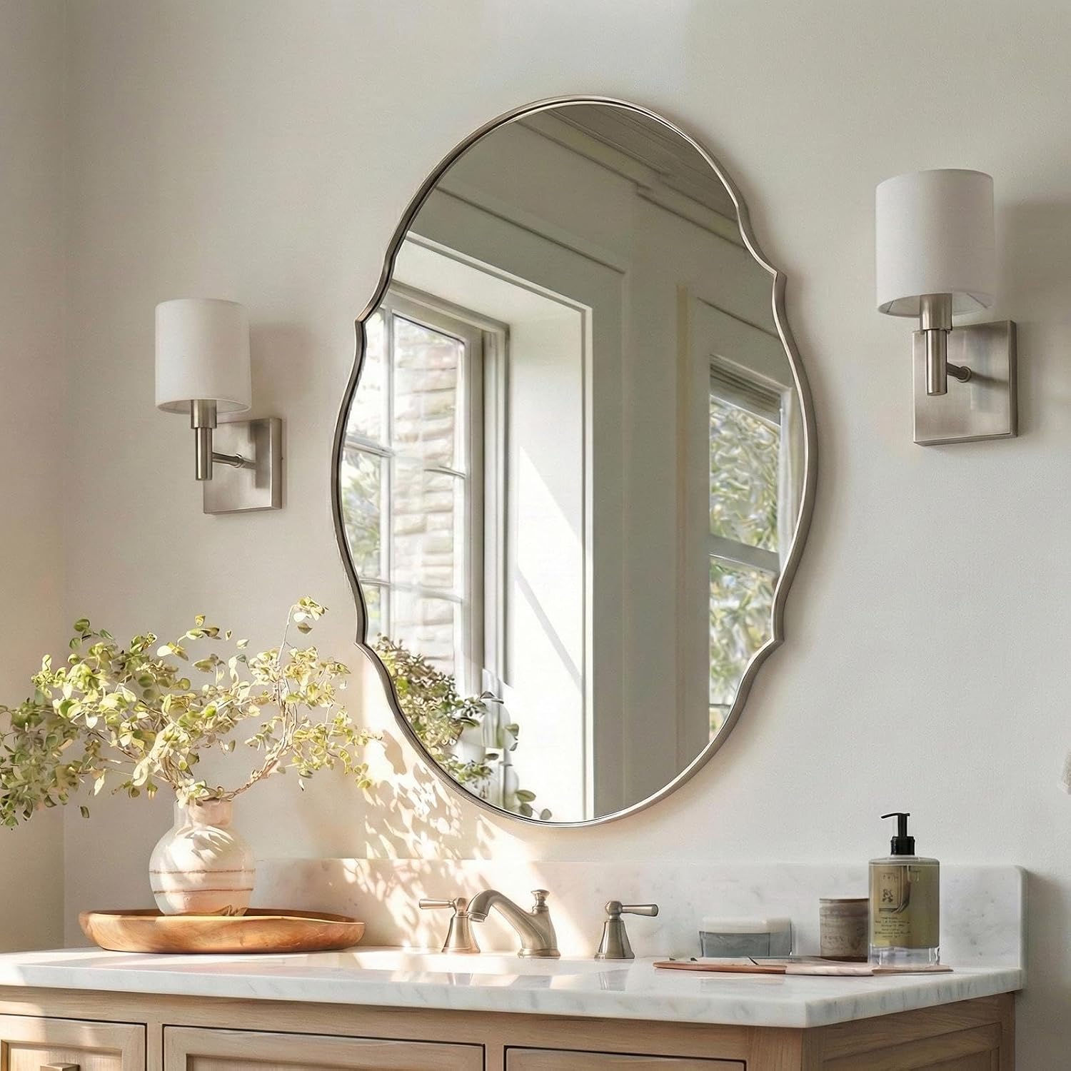 ANDY STAR Large Brushed Nickel Oval Scalloped Mirror 30x40, Silver Oval Bathroom Mirror for Wall, Stainless Steel Framed Mirror for Master Vanity, Entryway, Hallway, Rust-Resistant