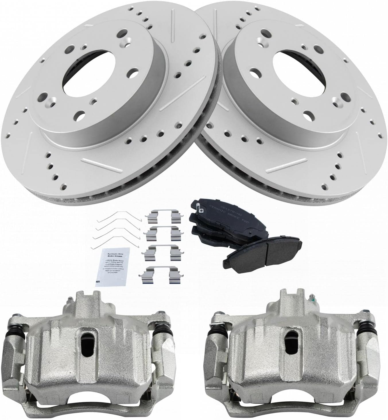 TRQ Performance Front Brake Pad and Rotor Set Ceramic Vented G Coated Rotors Calipers Compatible with 2012-2015 Honda Civic