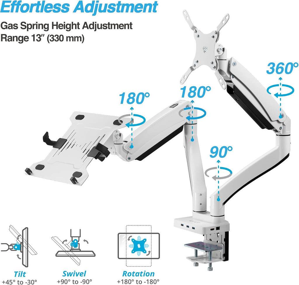 AVLT Dual 17'-43' Monitor Arm Desk Mount with 15' Laptop Tray and USB-C&A Docking Station 5Gbps, HDMI 4K60Hz, Ethernet, 100W PD, Fits Two Flat/Curved Monitor - White