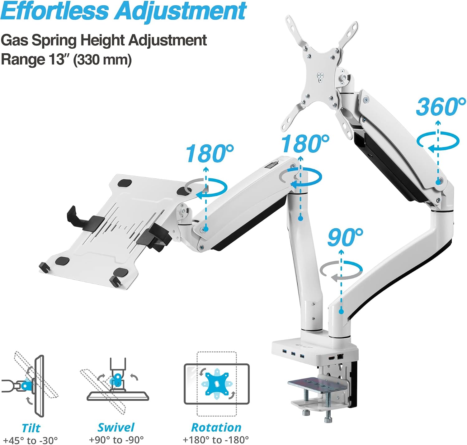 AVLT Dual 17'-43' Monitor Arm Desk Mount with 15' Laptop Tray and USB-C&A Docking Station 5Gbps, HDMI 4K60Hz, Ethernet, 100W PD, Fits Two Flat/Curved Monitor - White