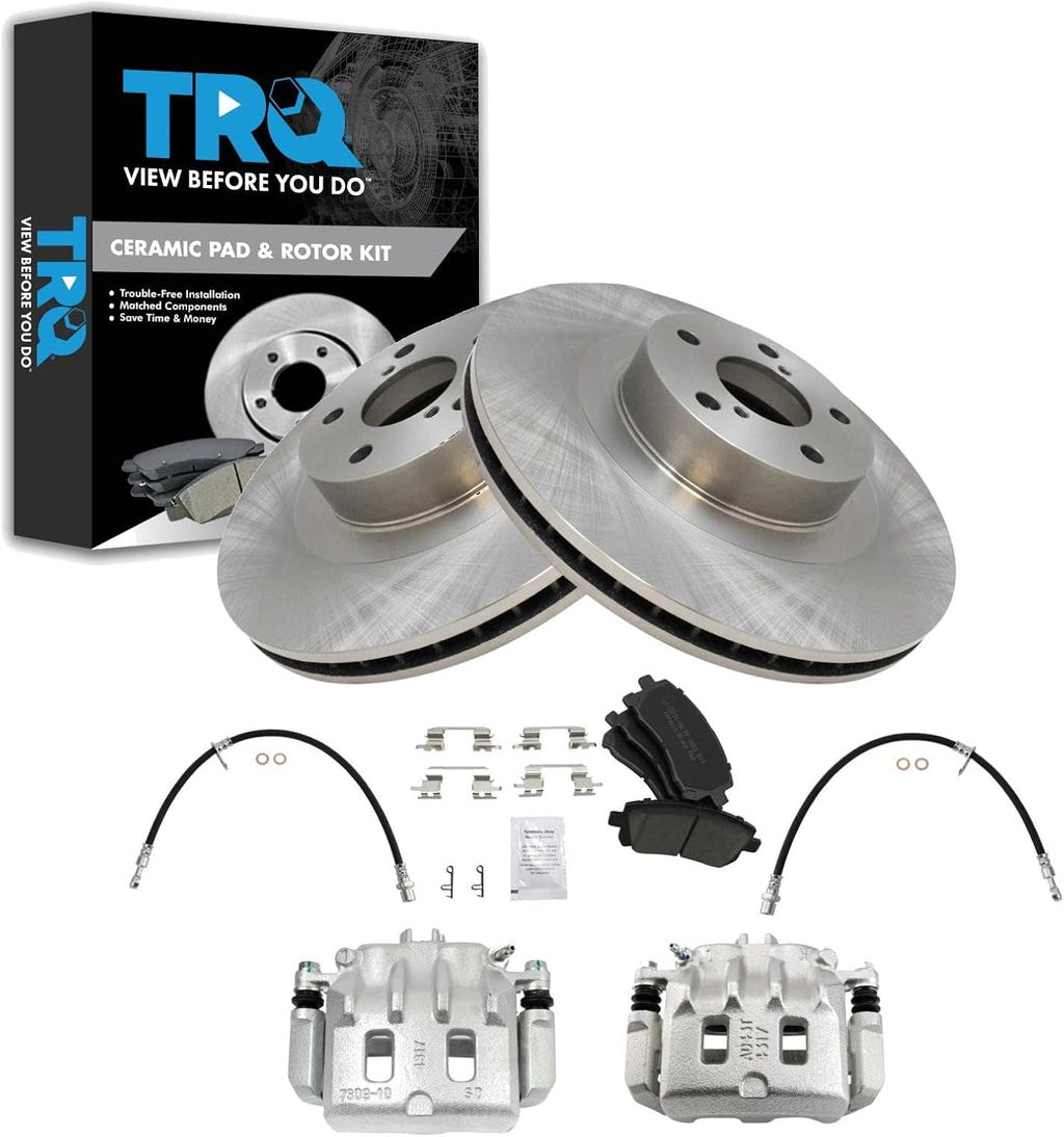 TRQ Front Brake Pad and Rotor Set Ceramic Rotors Calipers Hoses Compatible with 2001 Subaru Outback