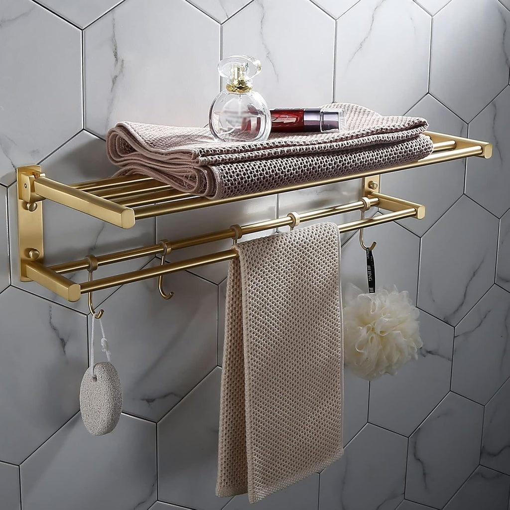 Bathroom Shelves All Copper Brushed Gold Towel Rack Bar Rail, Simple and Light Luxury Bath Towel Rack, Bathroom Bathroom Rack, Hardware Pendant Set (Color : Folding Bathrobe)