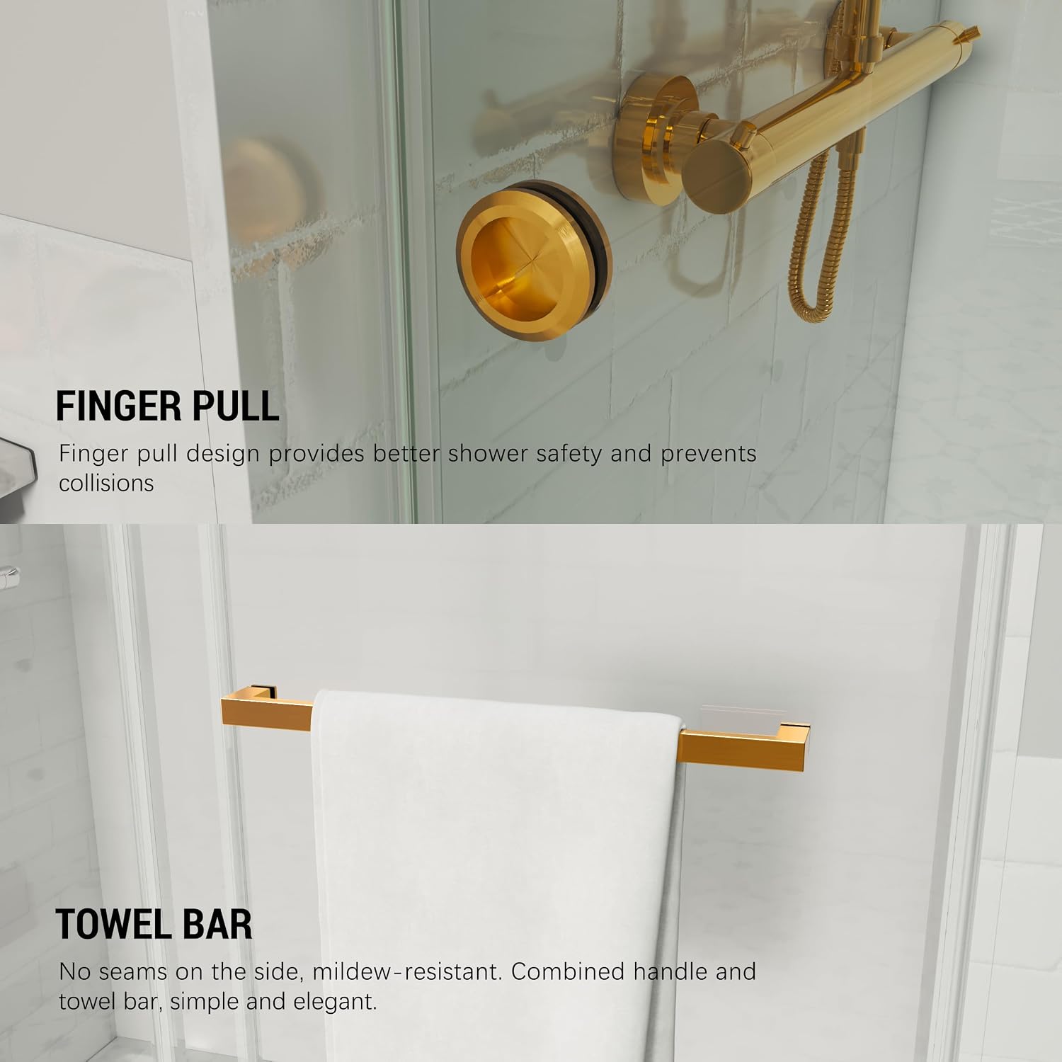 Shower Door, 56-61 'W x 72 'H, SGCC Certified 3/8' (10 mm) Clear Tempered Glass, 1 Towel Bar Handle, 1 Finger Pull, Frameless Double Sliding Shower Door,Stainless Steel Brushed Gold Finish
