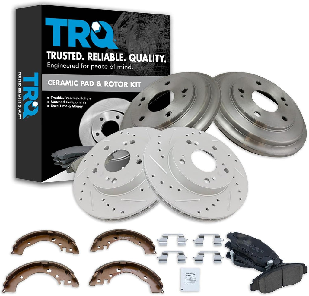 TRQ Brake Pad & Rotor,Shoe & Drum Kit Premium G-Coated Ceramic Performance Slotted X Drilled Front & Rear Compatible with 2006-2011 Honda Civic
