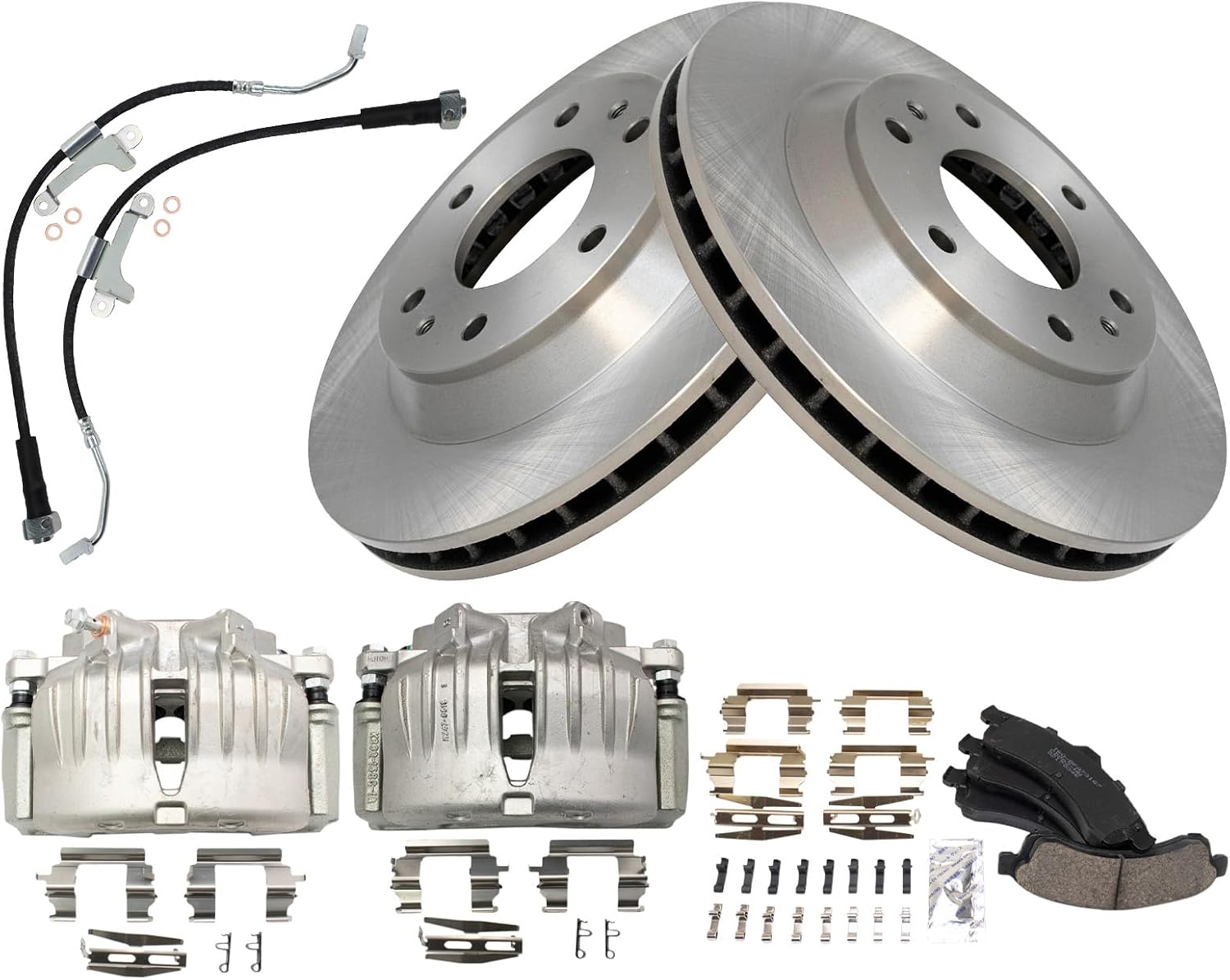 TRQ Front Brake Pad and Rotor Set Ceramic Rotors Calipers Hoses Compatible with 2002-2005 Chevrolet Trailblazer GMC Envoy 2004-2005 Buick Rainier Oldsmobile Bravada 2005 Isuzu Ascender