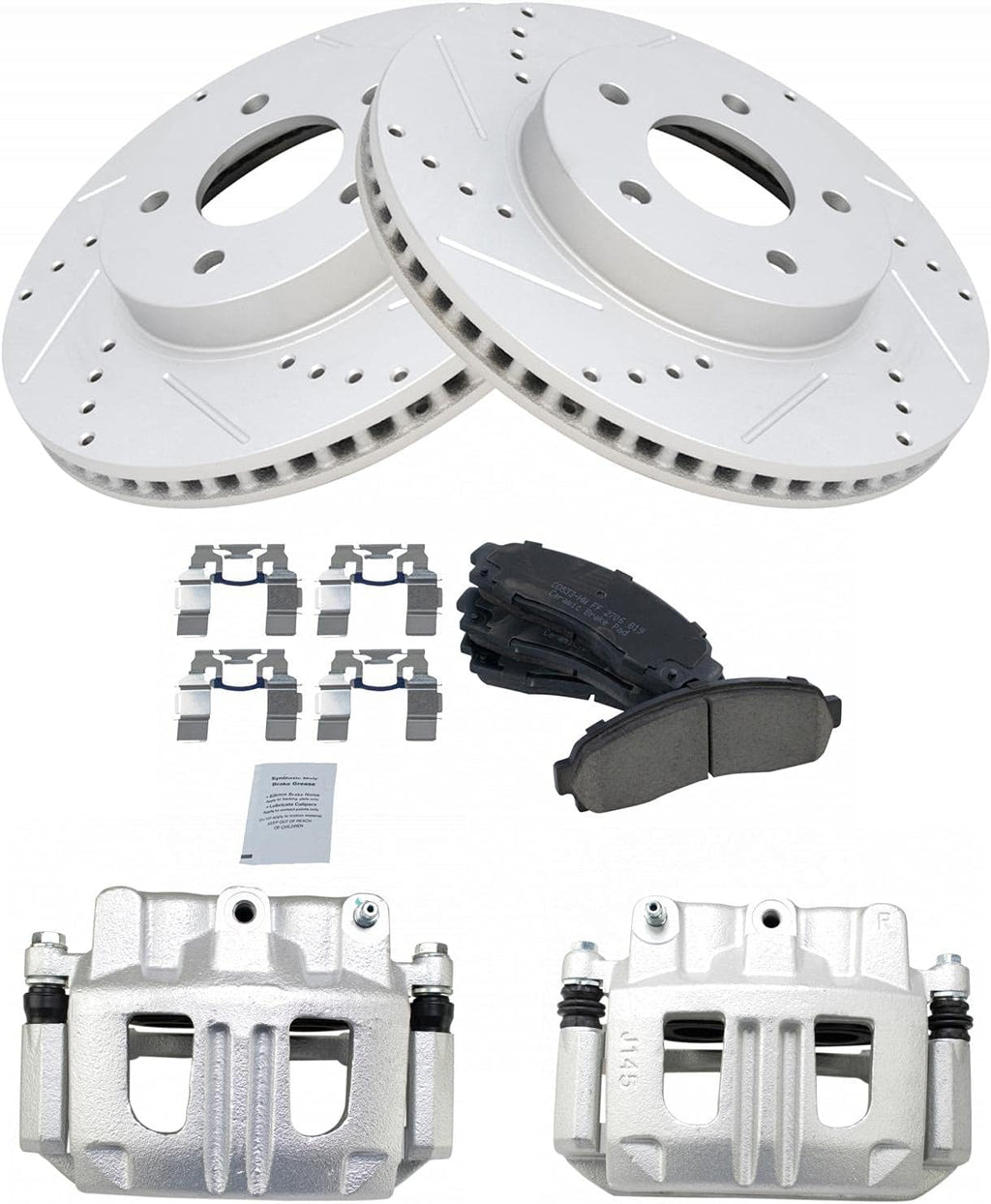 TRQ Performance Front Brake Pad and Rotor Set Ceramic Drilled Slotted Coated Vented Rotors Calipers Compatible with 2005-2006 Chevrolet Equinox 2006 Pontiac Torrent 2004-2007 Saturn Vue