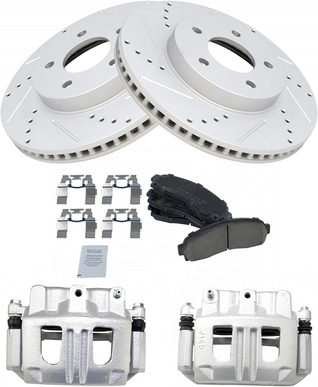 TRQ Performance Front Brake Pad and Rotor Set Ceramic Drilled Slotted Coated Vented Rotors Calipers Compatible with 2005-2006 Chevrolet Equinox 2006 Pontiac Torrent 2004-2007 Saturn Vue