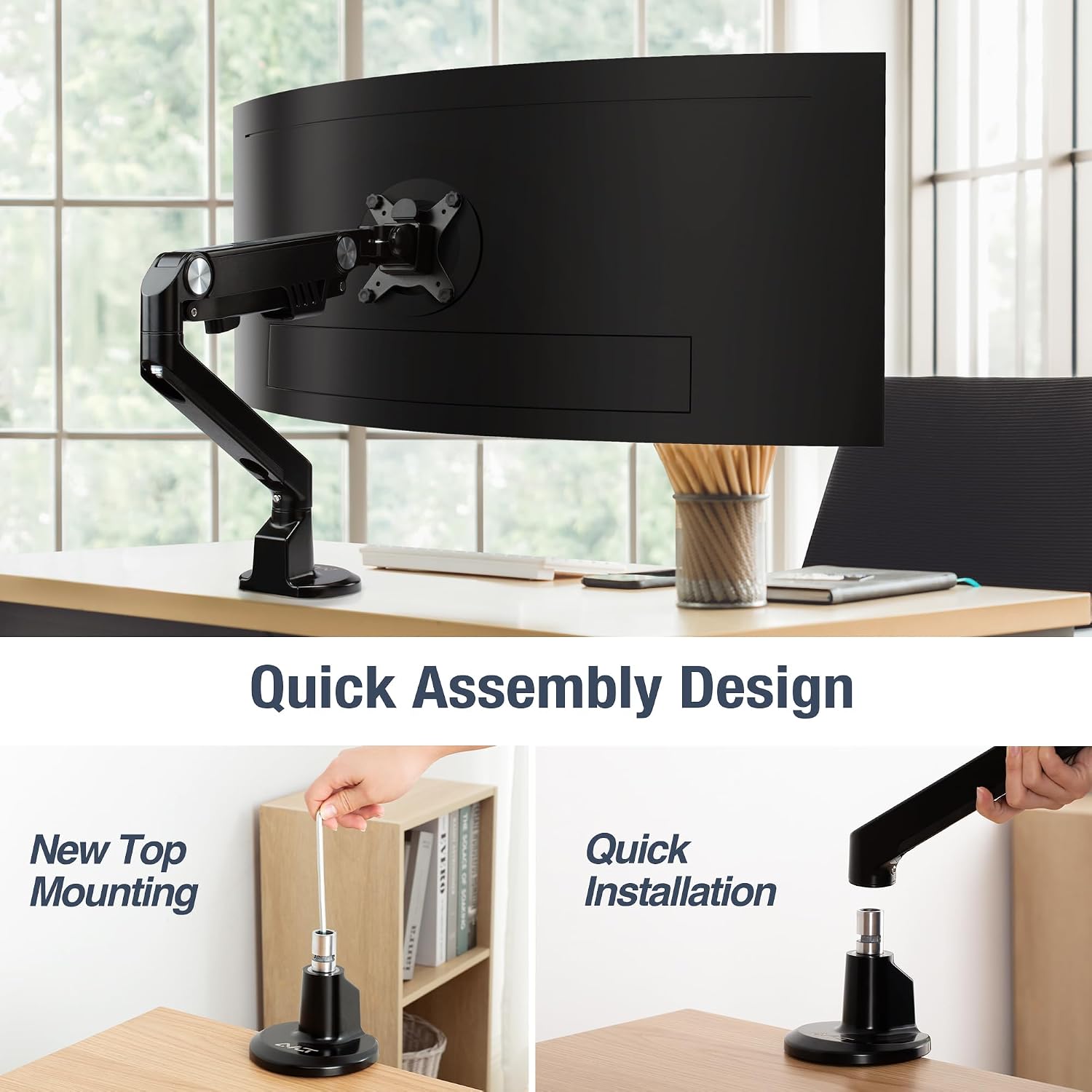 AVLT Single 13'-38' Monitor Arm Desk Mount fits One Flat/Curved/Ultrawide Screens Full Motion Height Swivel Tilt Rotation Adjustable - VESA/C-Clamp/Cable Management - Black