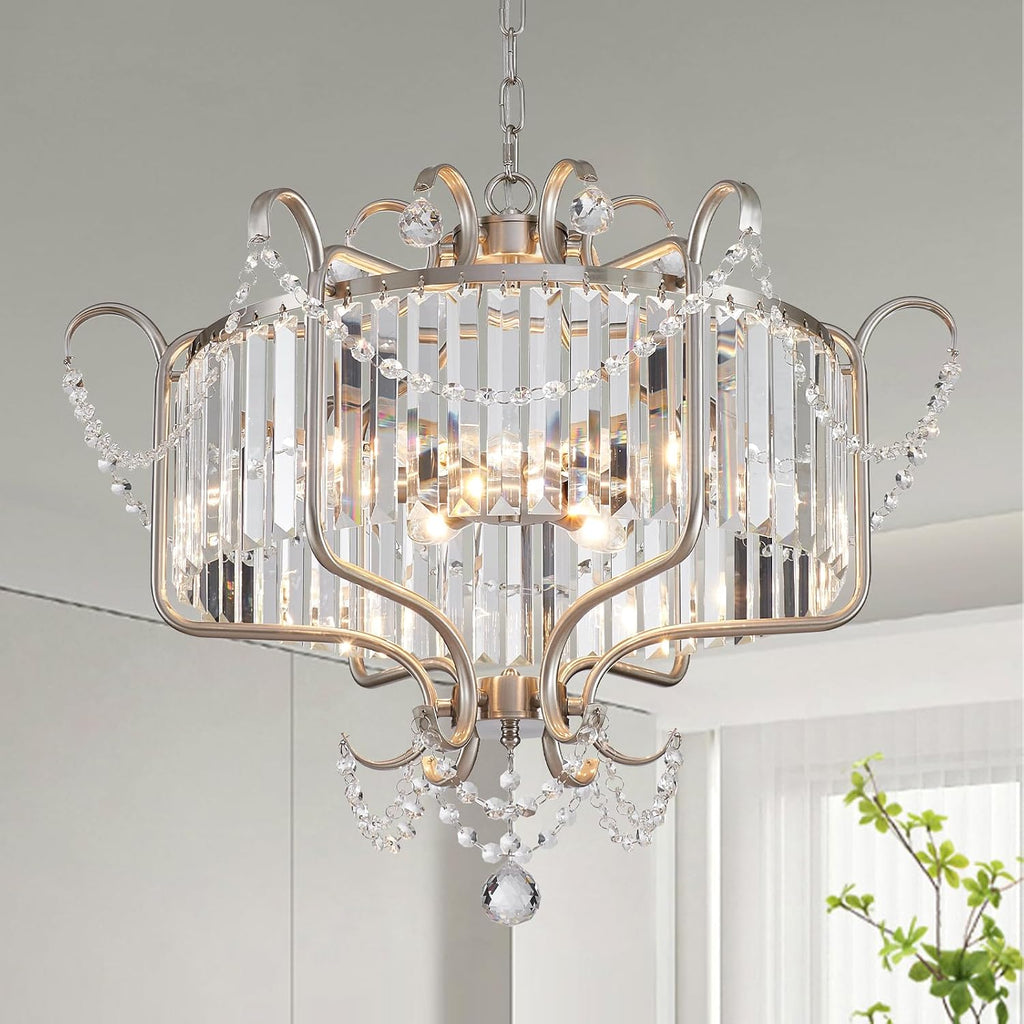 Modern Crystal Chandelier for Dining Room 24' Brushed Nickel Light Fixtures 6-Light Farmhouse Pendant Lighting for Kitchen Island Bedroom Hallway Entryway