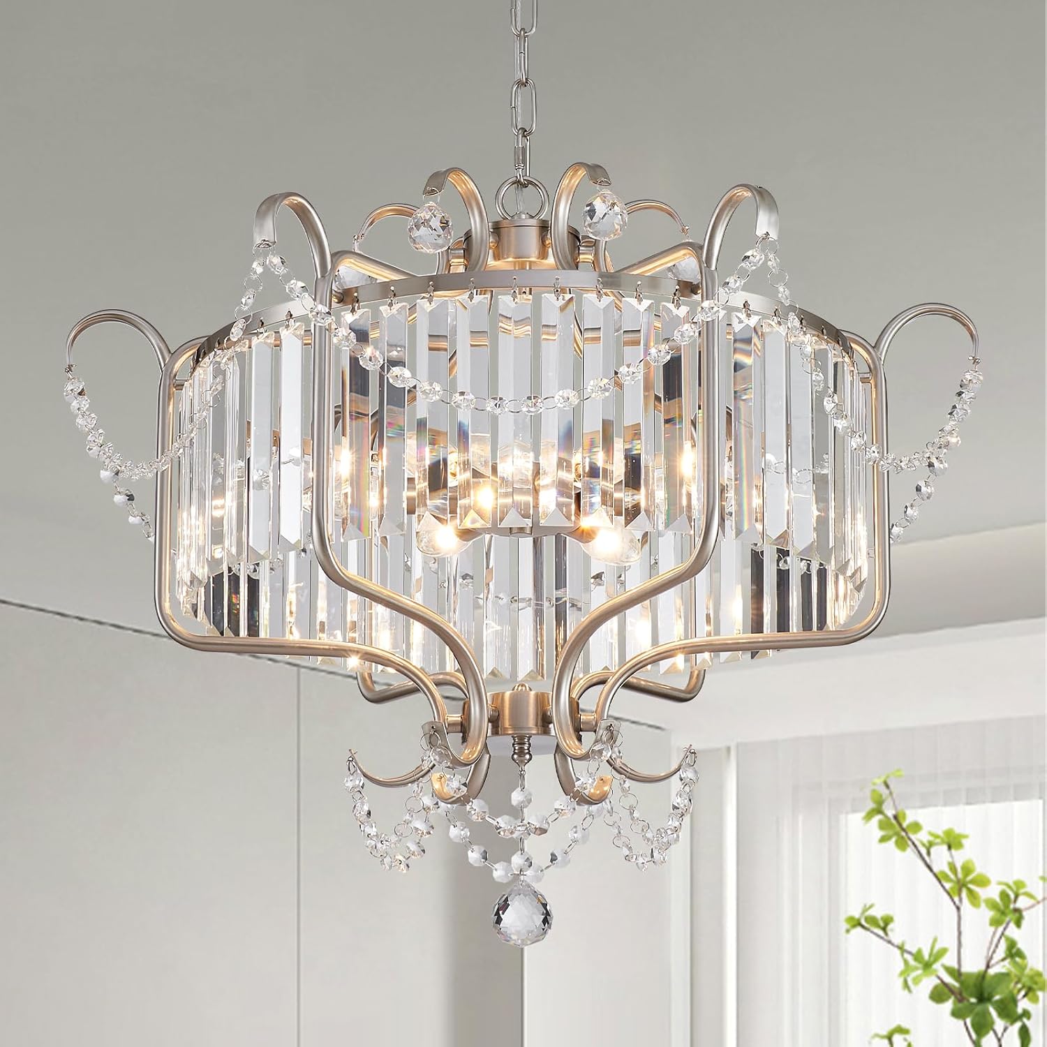 Modern Crystal Chandelier for Dining Room 24' Brushed Nickel Light Fixtures 6-Light Farmhouse Pendant Lighting for Kitchen Island Bedroom Hallway Entryway