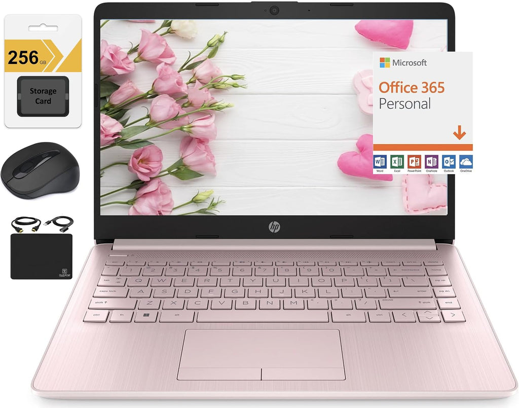 HP New 14' HD Ultra Light Thin Laptop, Quad-Core Intel Celeron Processor, 16GB RAM, 320GB (64GB eMMC+ 256GB Card), Wi-Fi, Upto 11 Hours, Windows 11 S + 1 Year Office 365+HubxcelAccessory, Pink