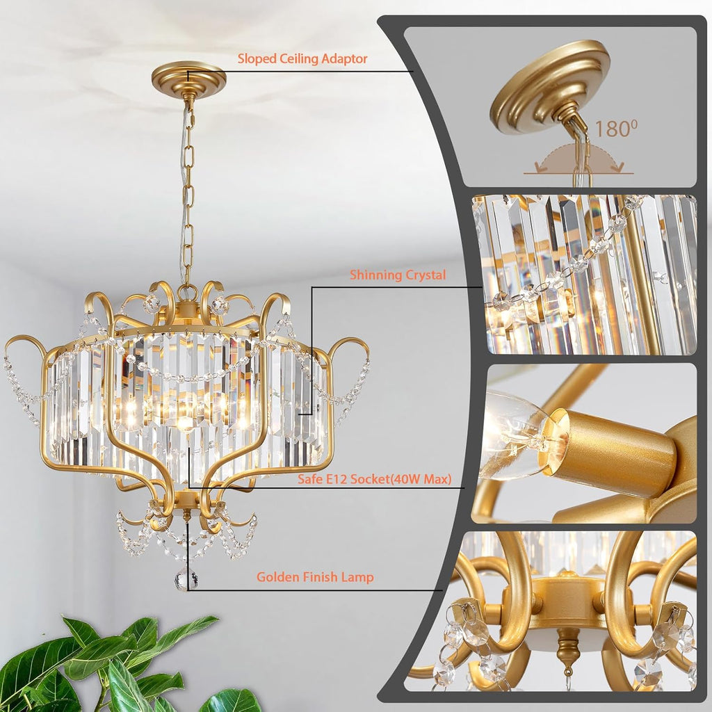 Modern Crystal Chandelier for Dining Room 24' Large Gold 6-Light Farmhouse Pendant Lighting Fixtures for Living Room Kitchen Island Hallway Bedroom Foyer