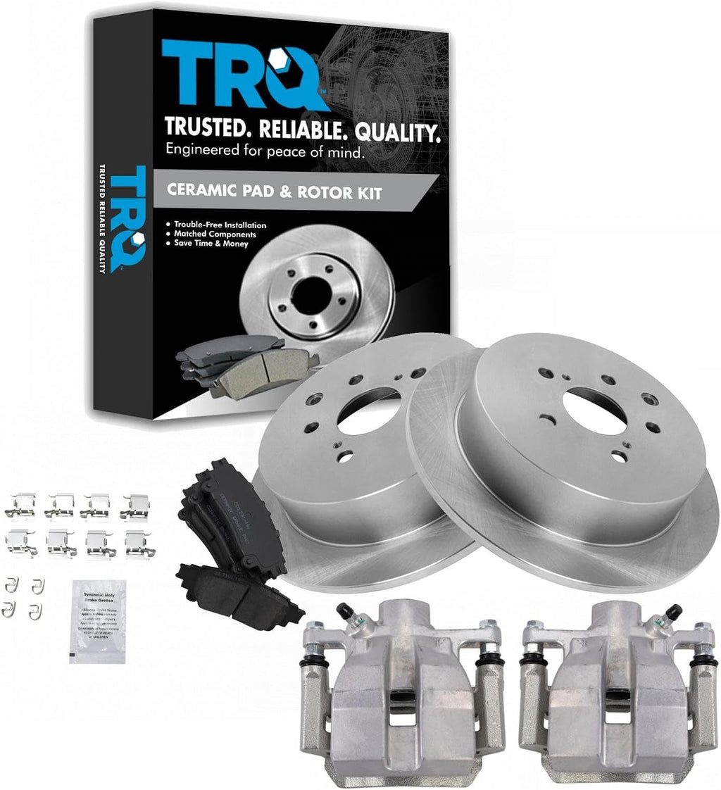 TRQ Rear Brake Pad and Rotor Set Ceramic Rotors Calipers Compatible with 2010-2015 Lexus RX350 2012-2015 RX450h 2014-2018 Toyota Highlander 2011-2018 Sienna