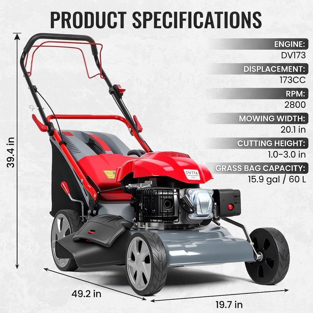 173cc Gas Lawn Mower, Self-Propelled Rear Wheel Drive, Adjustable 3-Speed Settings, 20' Cutting Width, 60L Grass Catcher, Ideal for Large Lawns, Easy Start & Efficient Grass Collect Red