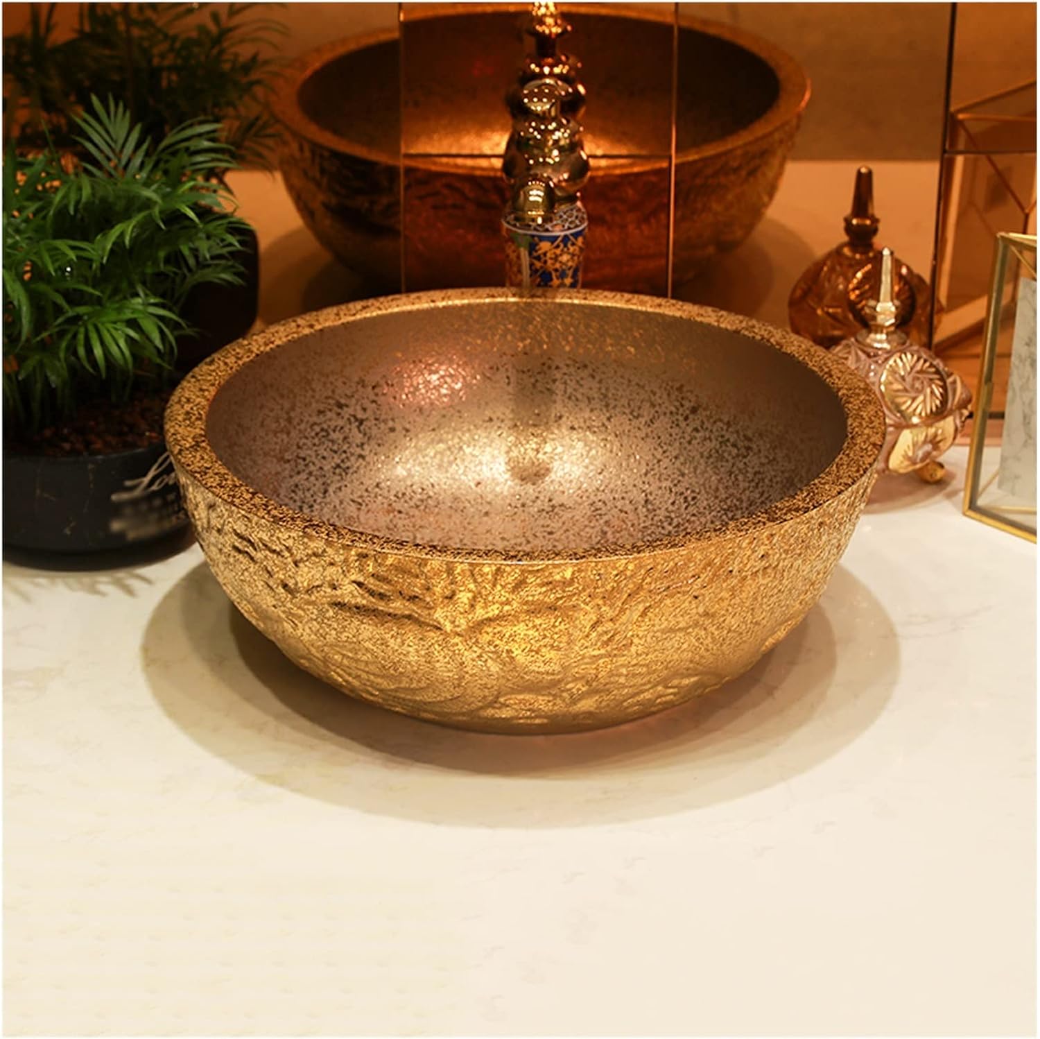 Round Vessel Sink,Modern Bathroom Artistic Porcelain Vessel Bowl with Faucet Pop-Up Drain,Gold-Silver