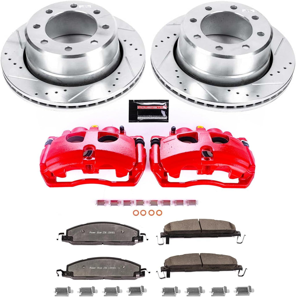 PowerStop Rear Brake & Caliper Kit for Dodge Ram 3500 2009-10 | Ram 3500 2011-12 - Drilled & Slotted Disc Rotors + Z36 Brake Pads + Red-Powder Coated Calipers, KC5487A-36