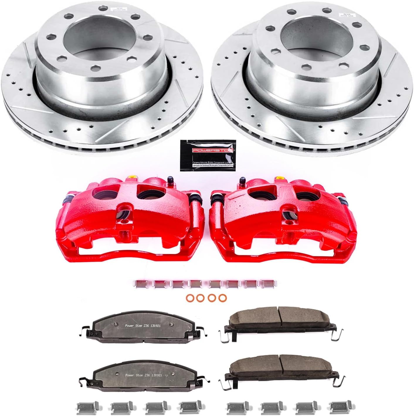 PowerStop Rear Brake & Caliper Kit for Dodge Ram 3500 2009-10 | Ram 3500 2011-12 - Drilled & Slotted Disc Rotors + Z36 Brake Pads + Red-Powder Coated Calipers, KC5487A-36