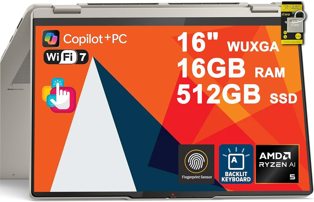 Lenovo Yoga 7 2-in-1 Laptop 16' WUXGA IPS Touch (Glossy Anti-Fingerprint) AMD 8-core Ryzen AI 5 340 (Up to 50 AI Tops) 16GB RAM 512GB SSD for Creator Business Professional Win11Pro ICP Hub