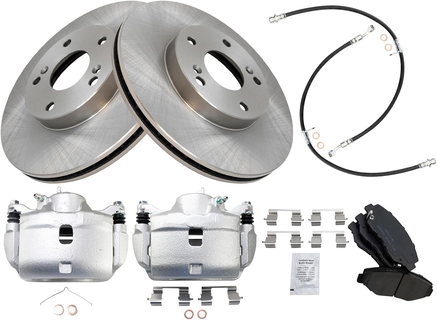 TRQ Front Brake Pad and Rotor Set Ceramic Vented Rotors Calipers Hoses Compatible with 2003-2011 Honda Element