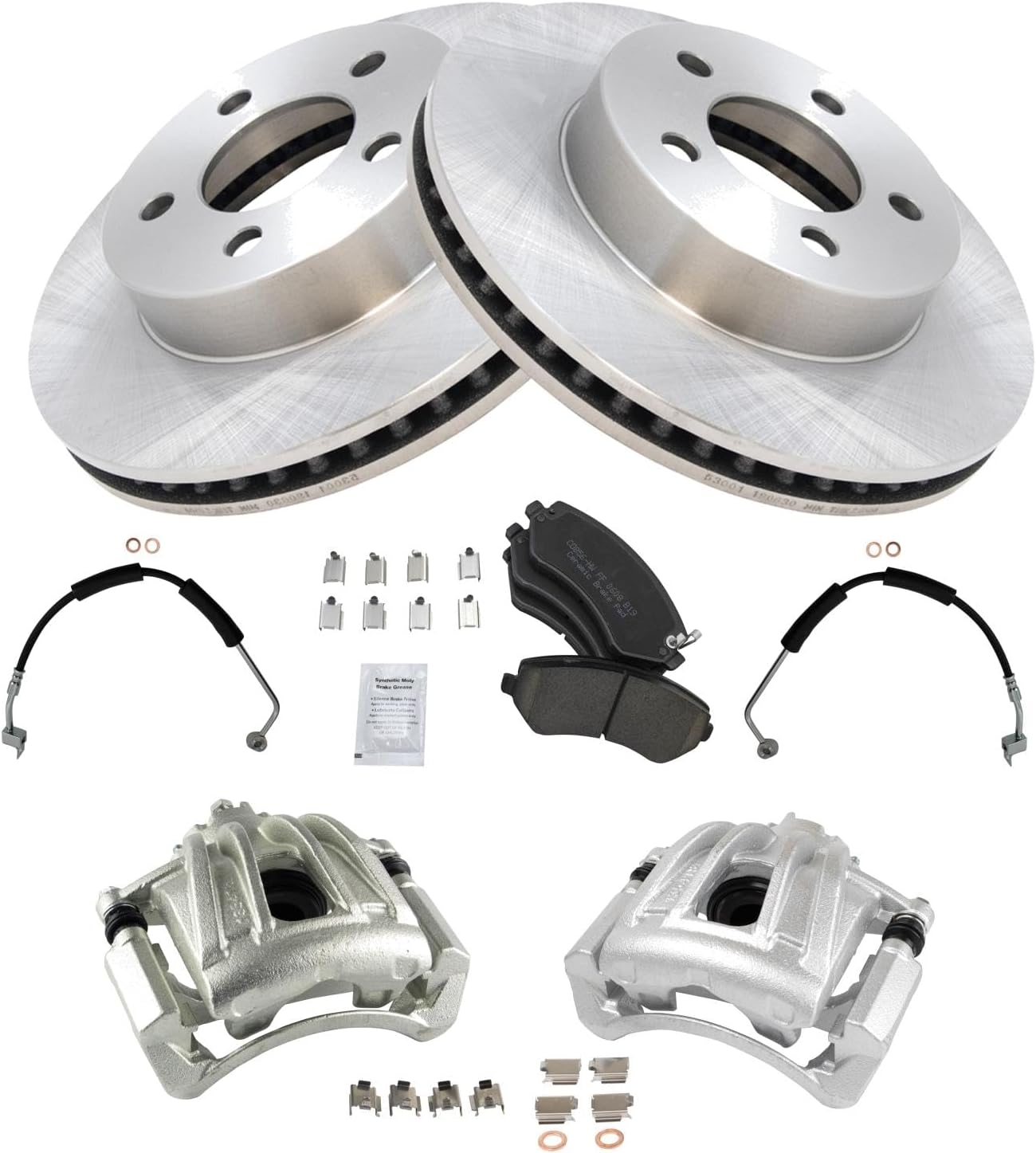 TRQ Front Brake Pad and Rotor Set Ceramic Vented Rotors Calipers Hoses Compatible with 2002-2007 Jeep Liberty
