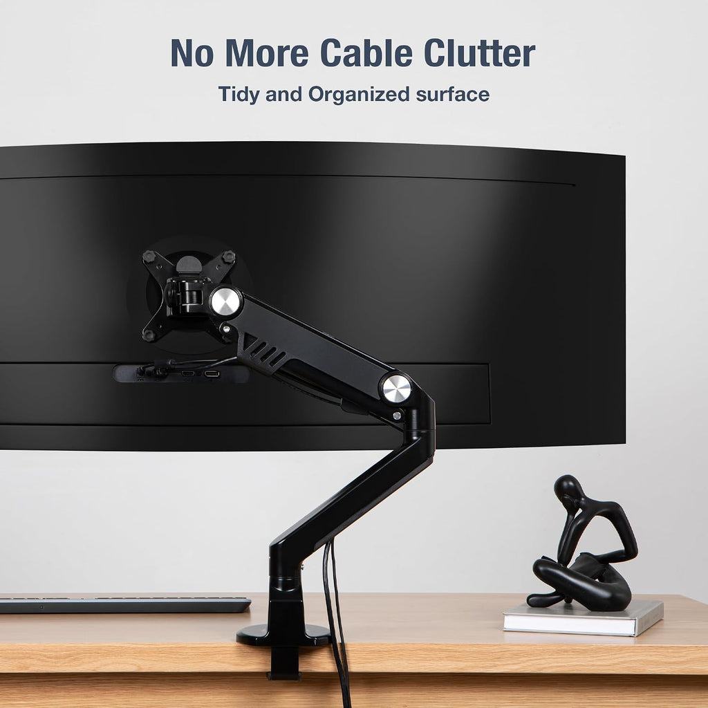 AVLT Single 13'-38' Monitor Arm Desk Mount fits One Flat/Curved/Ultrawide Screens Full Motion Height Swivel Tilt Rotation Adjustable - VESA/C-Clamp/Cable Management - Black